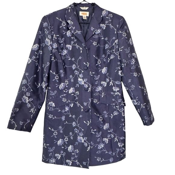 Talbots Purse Silk Long Blazer Jacket Size 6 Blue & White Floral Button Corpcore - Picture 1 of 6